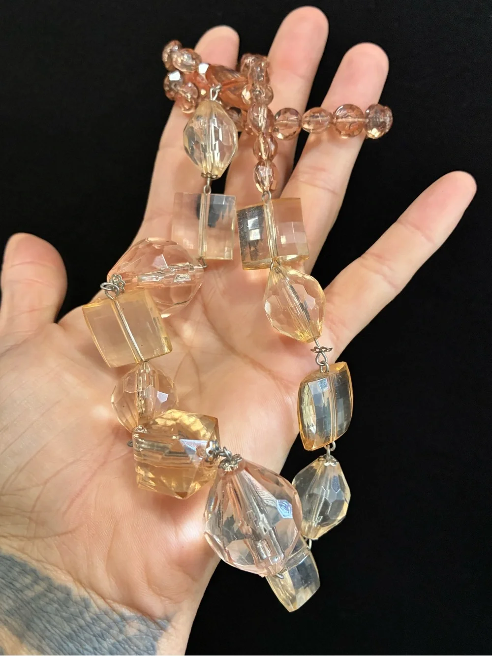 Stunning Retro Statement Necklace Peach & Clear Faceted Acrylic Beaded Necklace